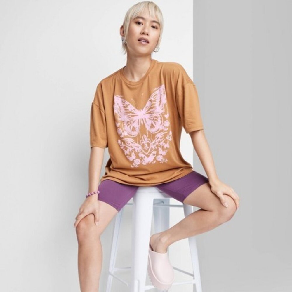 Wild Fable Oversized Butterfly Graphic Tee Shirt T-Shirt Brown Pink Size XS NWT